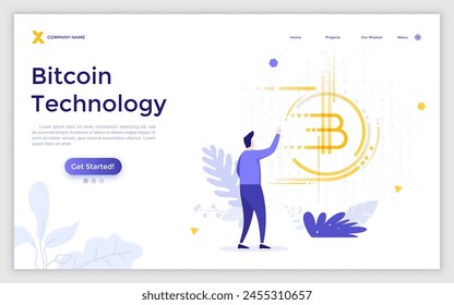 Landing page template with Man drawing Bitcoin symbol with finger. Cryptocurrency payment, cryptocoin or digital currency based on blockchain technology. Modern flat colorful vector illustration