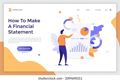 Landing page template with man examining whiteboard with diagrams on it. Concept of financial report or statement, profit or revenue indicators, company's audit. Flat vector illustration for website.