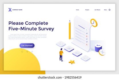 Landing page template with man filling in form or answering questions. Concept of completing online survey, customer review, consumer's opinion. Modern isometric vector illustration for webpage.