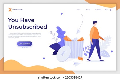 Landing page template with man and garbage bin full of letters. Concept of unsubscribing from email newsletters, removal of subscriber from mailing list. Modern flat vector illustration for website.