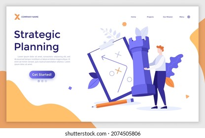 Landing page template with man holding rook chess piece, scheme drawn on tablet. Concept of strategic planning in business, entrepreneurship tactics or strategy. Flat vector illustration for website.