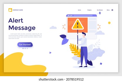 Landing page template with man holding sign with exclamation mark. Concept of alert message, warning signal or notification, caution notice, fatal error. Modern flat vector illustration for webpage.