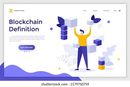 Landing page template with man holding cubic elements or building blocks. Concept of definition of blockchain technology, decentralized system of data. Modern flat vector illustration for website.