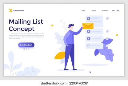 Plantilla de la página de aterrizaje con el hombre sosteniendo la carta en el sobre para enviar. Concepto de lista de correo, correos electrónicos o direcciones electrónicas para la comunicación, boletines. Ilustración vectorial plana moderna para sitio web.