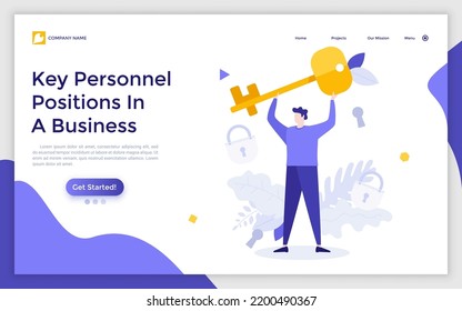 Landing page template with man holding golden key. Concept of key person, specialist or manager, leader with important skill, successful entrepreneur. Modern flat vector illustration for website.