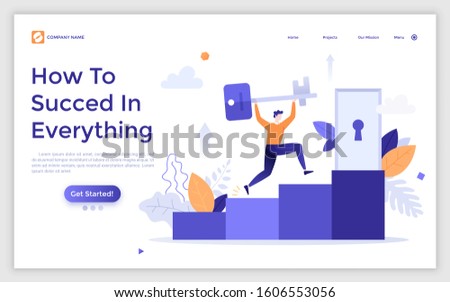 Landing page template with man holding key and climbing stairs leading to door with keyhole. Concept of how to succeed in everything, successful business development. Modern flat vector illustration.