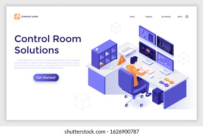 Landing Page Template With Man Looking At Displays. Concept Of Control Room Solutions, Equipment For Monitoring Or Surveillance, Internet Security Service. Modern Isometric Vector Illustration.