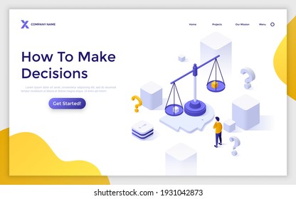 Landing Page Template With Man Looking At Weighing Scale On Human Head. Concept Of Decision Making, Choice Between Two Options, Problem Solving. Modern Isometric Vector Illustration For Website.