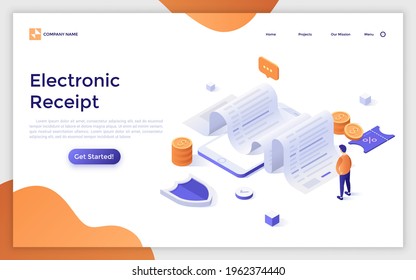 Plantilla de página de inicio con un hombre mirando la factura en papel sobre el smartphone. Concepto de recepción electrónica enviada a través de aplicación móvil en línea. Ilustración vectorial isométrica moderna para la página web.