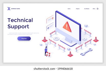 Landing page template with man looking at computer with warning sign on screen surrounded by safety barriers. Concept of technical support, website maintenance services. Isometric vector illustration.