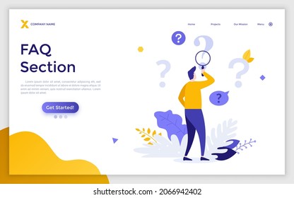 Landing page template with man looking at interrogation points through magnifying glass. Concept of frequently asked questions or FAQ section, search for information. Modern flat vector illustration.