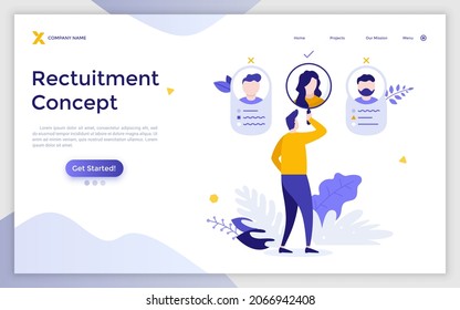 Landing page template with man looking at people's portraits through magnifier. Concept of staff recruitment, hiring personnel, selection of candidates, employment. Modern flat vector illustration.