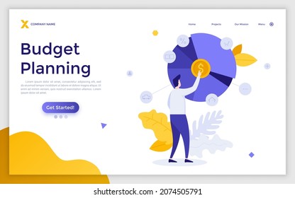 Landing page template with man looking at pie chart with dollar coin. Concept of budget planning, money spending, personal expenses, financial balance. Modern flat vector illustration for website.