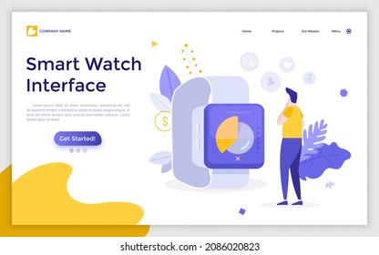 Landing page template with man looking at smart watch with digital indicators on screen. Concept of electronic gadget, wearable hi-tech device, accessory. Modern flat vector illustration for website.