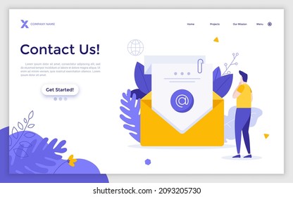 Landing page template with man looking at letter with address sign in envelope. Concept of electronic message or e-mail with contact information. Modern flat colorful vector illustration for webpage.