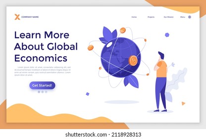 Landing page template with man looking at dollar coins orbiting globe. Concept of global economy, international economics, worldwide financial system, world capital. Modern flat vector illustration.