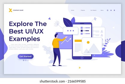 Landing page template with man looking at smartphone with app on screen. Concept of user experience, online service design interface, mobile application. Modern flat vector illustration for website.