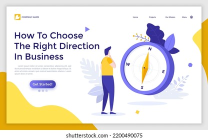 Landing page template with man looking at giant compass. Concept of navigation, finding route, search for right direction of business development, travel. Modern flat vector illustration for website.