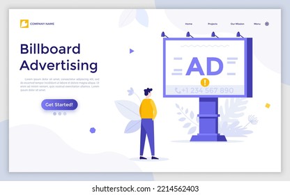 Landing Page Template With Man Looking At Billboard With Telephone Number On It. Concept Of Outdoor Ad, Promotion And Marketing, Advertisement On Street. Modern Flat Vector Illustration For Website.