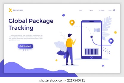 Landing page template with man looking at parcel journey on smartphone screen. Concept of global shipment tracking or checking order status, waiting for package delivery. Flat vector illustration.