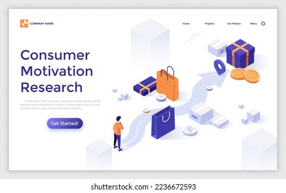 Landing page template with man looking at path or road leading to gift box. Concept of research of consumer motivation, customer shopping habits. Modern isometric vector illustration for webpage.