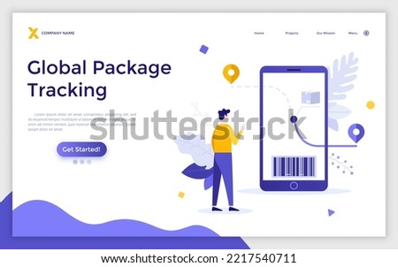 Landing page template with man looking at parcel journey on smartphone screen. Concept of global shipment tracking or checking order status, waiting for package delivery. Flat vector illustration.