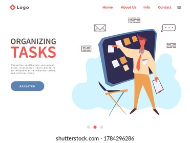 Landing page template with man make organizing tasks. Planning and time management concept with person organizing working process and noting completed tasks in list. Flat male character near board
