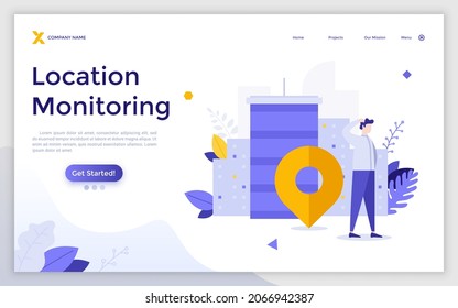 Plantilla de página de aterrizaje con hombre, alfiler de mapa, edificios de la ciudad. Concepto de vigilancia de ubicación o servicio de navegación, búsqueda de geolocalización o punto de destino. Ilustración vectorial plana moderna para la página web.