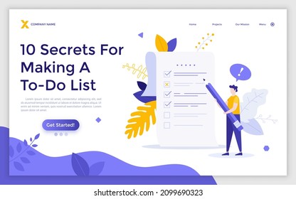 Landing page template with man marking completed tasks in to-do list with pencil. Concept of time management, work planning method, organization of daily goals. Flat vector illustration for webpage.