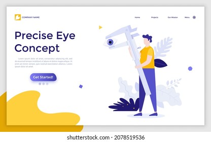 Landing page template with man measuring human eye with vernier caliper. Concept of engineering tool for precise dimension measurement, accuracy and precision. Flat vector illustration for website.