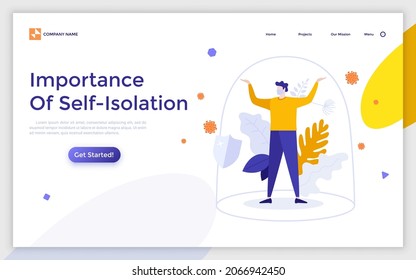 Landing page template with man with medical mask hiding under glass dome. Stay Home concept, self-isolation, quarantine, protection from coronavirus pandemic. Flat vector illustration for webpage.
