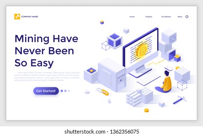 Landing page template with man or miner sitting in front of computer with bitcoin on screen. Cryptocurrency mining, blockchain technology service. Modern isometric vector illustration for website.