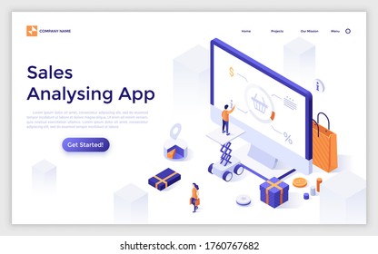 Landing page template with man on elevator analyzing online store statistics. Concept of internet service or application for sales analysis. Modern isometric vector illustration for advertisement.