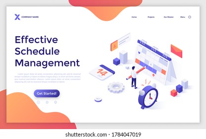 Landing page template with man with pencil standing at planner and alarm clock. Concept of effective schedule management, appointment planning, work productivity system. Isometric vector illustration.