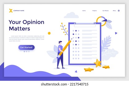 Landing page template with man with pencil filling in form. Concept of customer feedback score, rating, ranking, review, user experience evaluation, consumer opinion. Modern flat vector illustration.