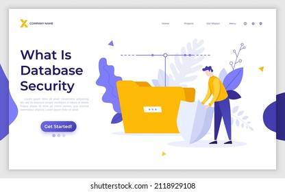 Landing page template with man protecting folder with shield. Concept of secured database, cybersecurity, online service for safe storage of data, information, files. Modern flat vector illustration.