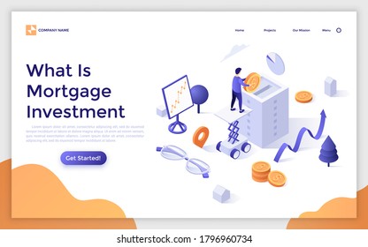 Landing page template with man putting dollar coin into building money box. Concept of morgage investment, buying home, real estate, property. Modern isometric vector illustration for website, banner.