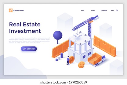 Landing page template with man putting dollar coin into constructing building. Concept of real estate investment, mortgage, buying under-construction property. Modern isometric vector illustration.