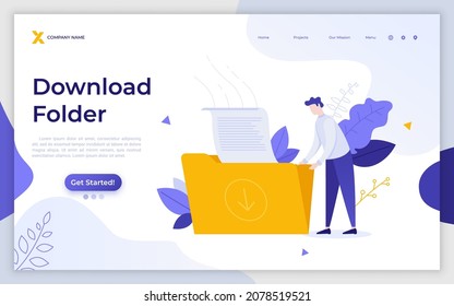 Landing page template with man putting document into archive. Concept of download folder, digital data storage, electronic information, file exchange. Modern flat vector illustration for website.