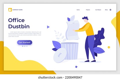 Landing Page Template With Man Putting Document Into Dustbin Or Container. Concept Of Waste Management And Recycling At Office, Garbage Disposal At Work. Modern Flat Vector Illustration For Webpage.