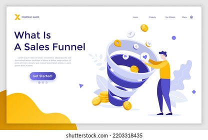 Landing page template with man putting pictograms and coins into whirpool. Concept of social media sales funnel, SMM, marketing strategy to attract customers. Flat vector illustration for webpage.