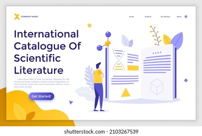 Landing page template with man reading book with molecular structures on pages. Concept of catalogue of scientific literature, scholarly publication, academic publishing. Flat vector illustration.