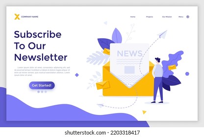 Landing Page Template With Man Reading Incoming Electronic Letter With News In Envelope. Concept Of Newsletter, E-mail, Internet Message, Online Communication. Flat Vector Illustration For Webpage.