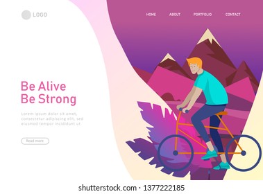 Landing page template with man riding bicycles in Mountain landscape. People cycling outdoor activities concept at park, healty life style. Cartoon illustration