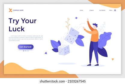 Landing Page Template With Man Rolling Dice Or Playing Craps. Concept Of Gambling, Risk And Chance, Probability And Possibility, Tabletop Or Casino Game. Modern Flat Vector Illustration For Webpage.