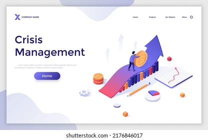 Landing page template with man rolling dollar coin along ascending arrow graph. Concept of crisis management strategy, rescuing business project. Modern isometric vector illustration for website.