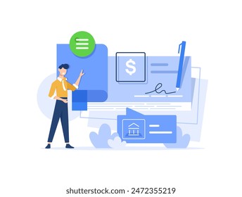 Landing page template with man signing bank document with pen. Concept of check payment method, financial banking service, money transaction or transfer