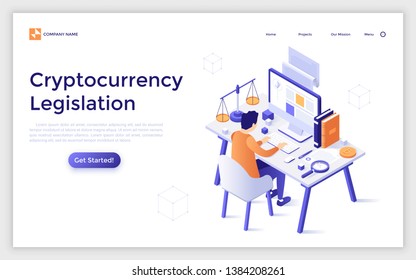 Landing page template with man sitting at desk with computer, scales of justice and books. Cryptocurrency legislation, legal regulation of blockchain technology. Modern isometric vector illustration.