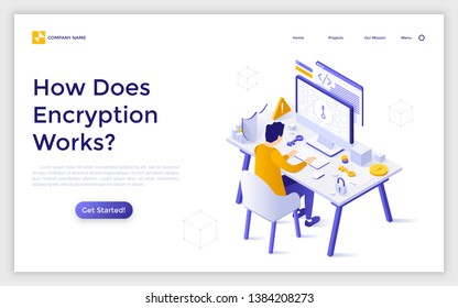 Landing page template with man sitting at computer and trying to get access to encrypted data. Internet encryption, protection of personal information. Isometric vector illustration for website.