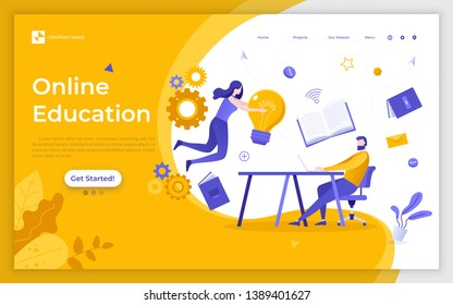 Landing page template with man sitting at desk with computer and studying via Internet and woman holding light bulb. Online education, distant learning, web courses. Modern flat vector illustration.